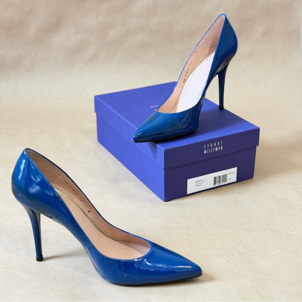 Stuart Weitzman Naughty Sea Aniline Blue Patent Heels 12W